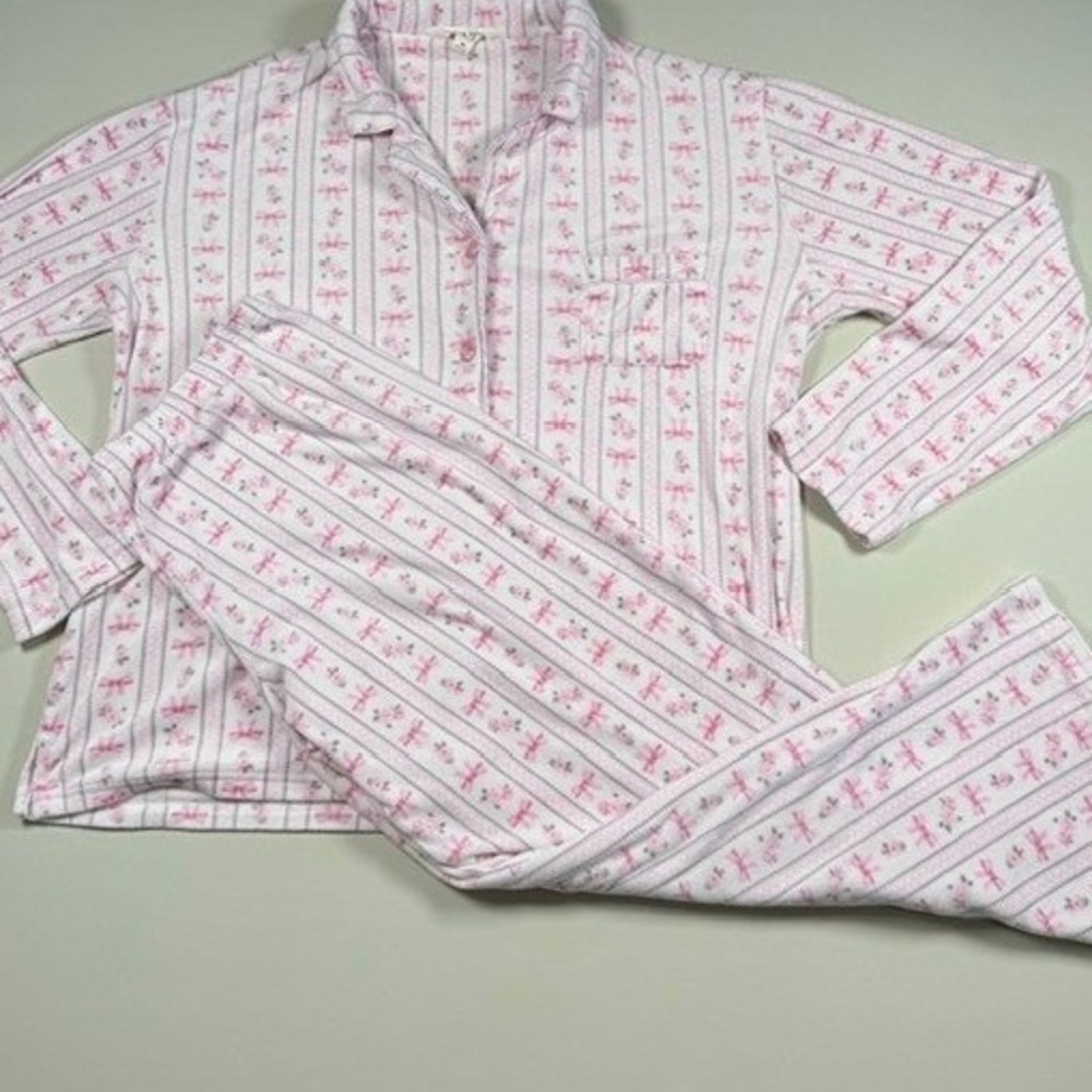 Laura Ashley Pink Bow Rose Floral Fleece Pajama Set Long Sleeve Pants